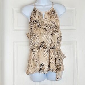 White House Black Market Sz 12 Beige Tan Lined Tropical Print Halter Wrap Top
